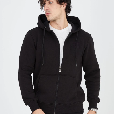 Tam Fermuarlı Kapşonlu  SweatShirt - Siyah -